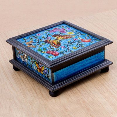 Alternate image for Reverse Painted Glass Blue Decorative Box with Butterflies Blue Winter Butterflies