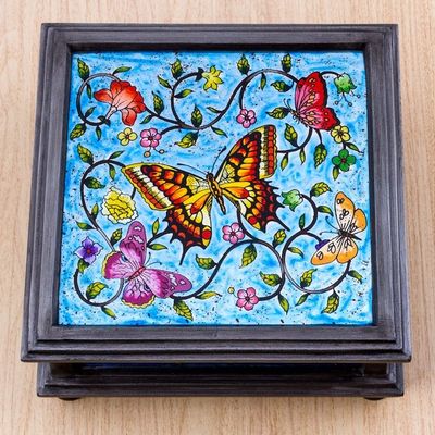Alternate image for Reverse Painted Glass Blue Decorative Box with Butterflies Blue Winter Butterflies