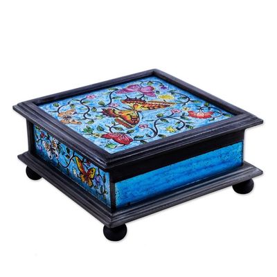 Alternate image for Reverse Painted Glass Blue Decorative Box with Butterflies Blue Winter Butterflies