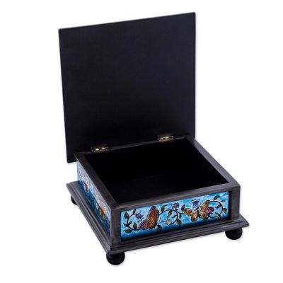 Alternate image for Reverse Painted Glass Blue Decorative Box with Butterflies Blue Winter Butterflies