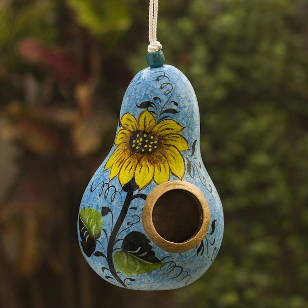 Hand Painted Dried Gourd Birdhouse 'Sunflower and Sky'