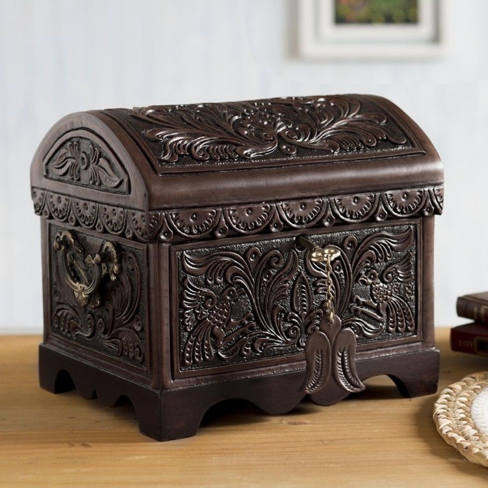 Cedar and Leather Floral Bird Decorative Box from Peru 'Andean Flight'