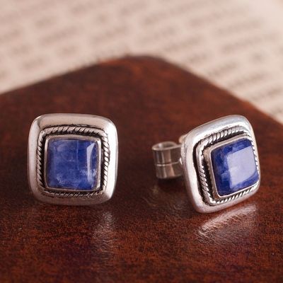 Alternate image for Square Sodalite and Sterling Silver Stud Earrings from Peru Blue Dimension