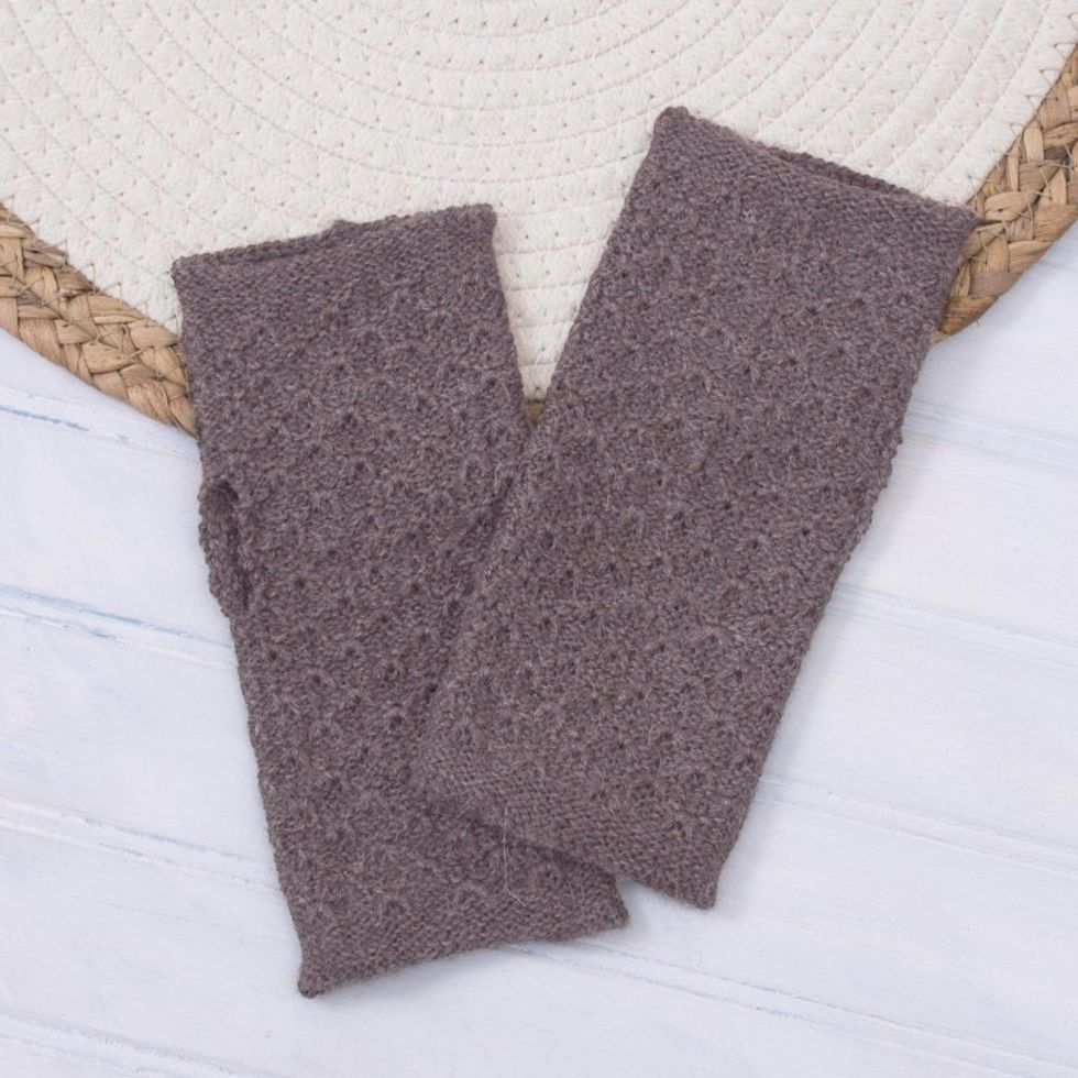 Patterned 100 Baby Alpaca Fingerless Mitts in Chestnut 'Passionate Pattern in Chestnut'