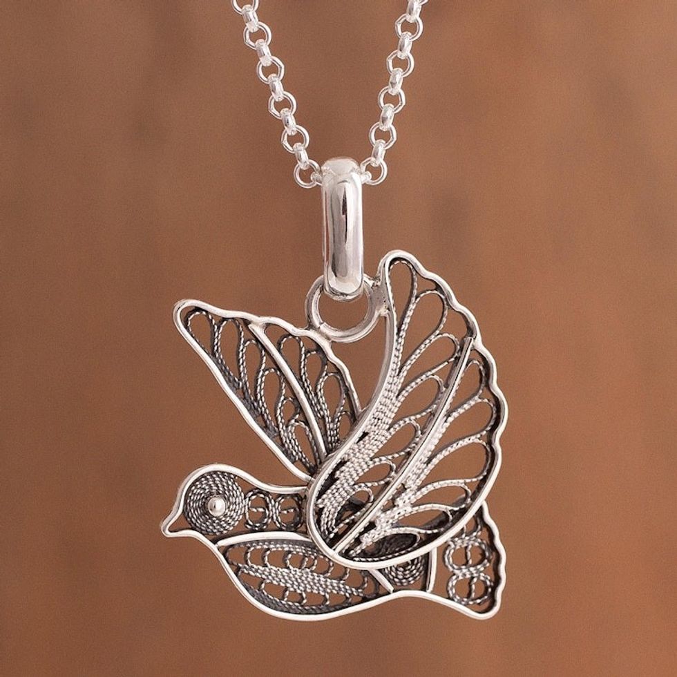 Oxidized Sterling Silver Filigree Dove Necklace from Peru 'Dark Peace and Grace'