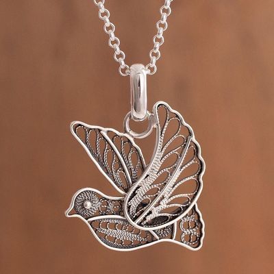 Alternate image for Oxidized Sterling Silver Filigree Dove Necklace from Peru Dark Peace and Grace