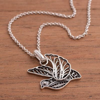 Alternate image for Oxidized Sterling Silver Filigree Dove Necklace from Peru Dark Peace and Grace