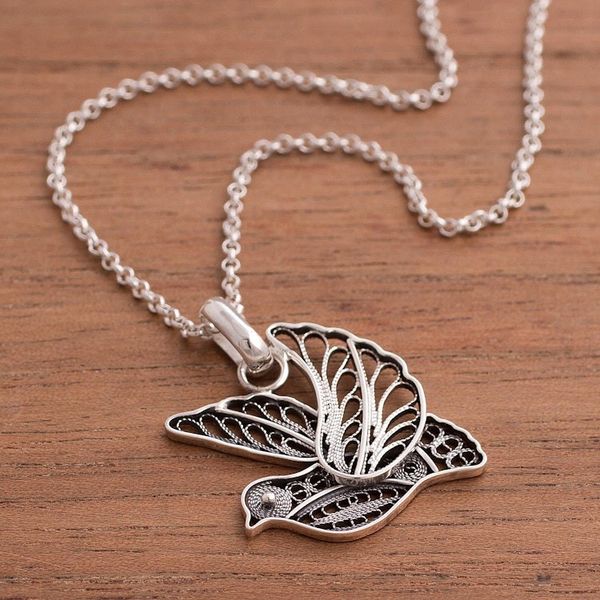 Alternate image for Oxidized Sterling Silver Filigree Dove Necklace from Peru Dark Peace and Grace