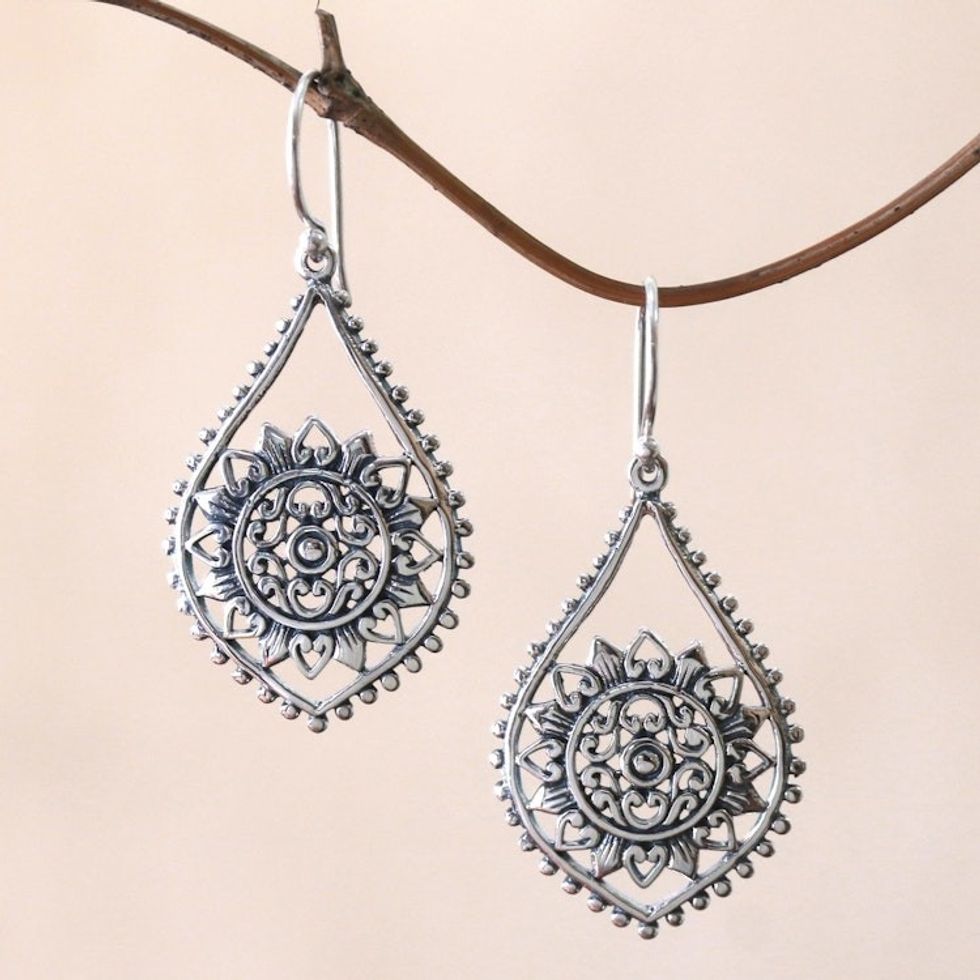 Sun Pattern Sterling Silver Dangle Earrings from Bali 'Jagaraga Sun'