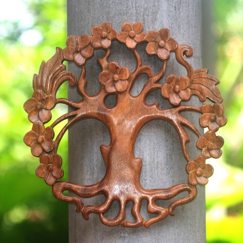 Circular Tree-Themed Suar Wood Relief Panel from Bali 'Tree of Beauty'