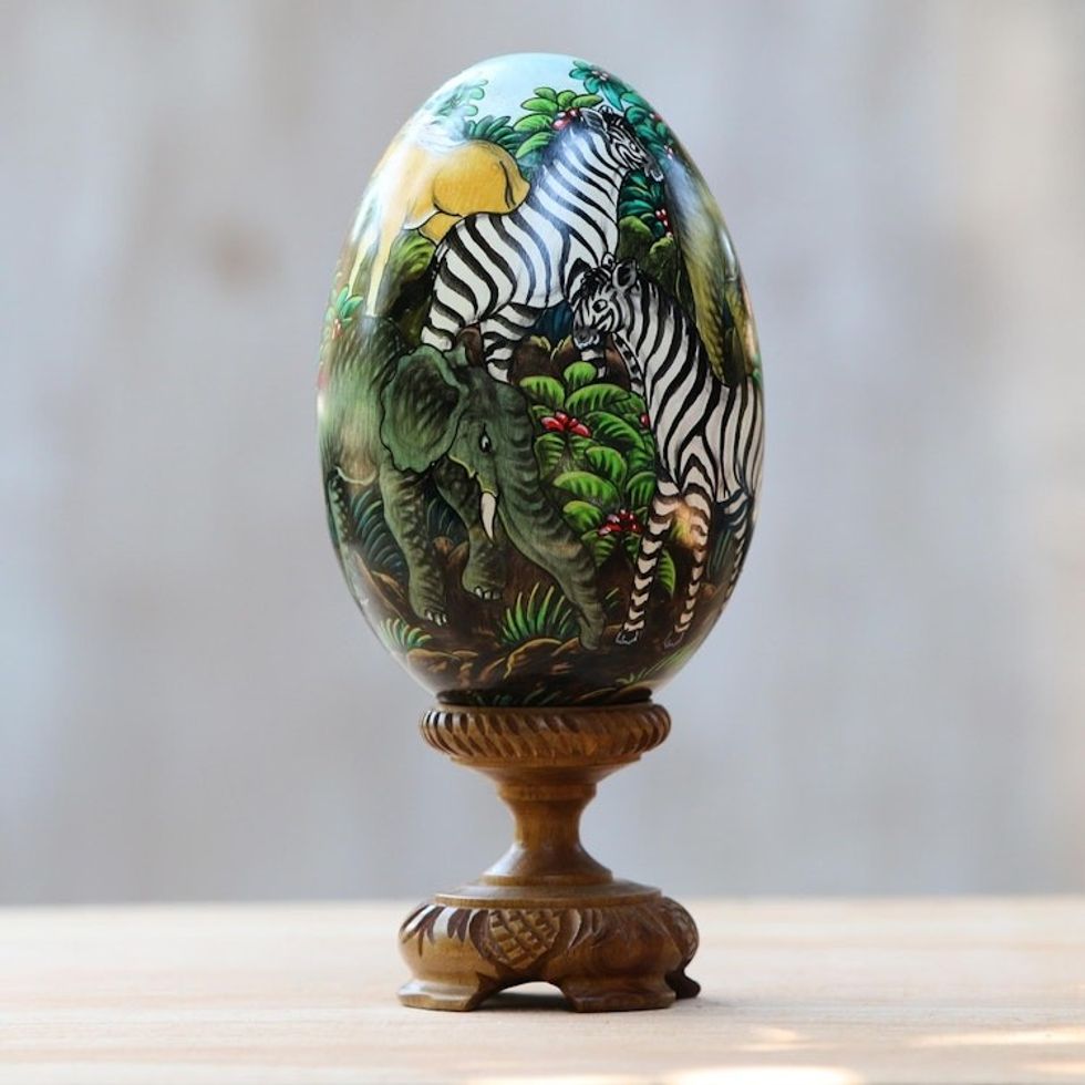 Hand Carved and Painted Jungle Scene Egg Statuette and Stand 'Jungle Beauty'