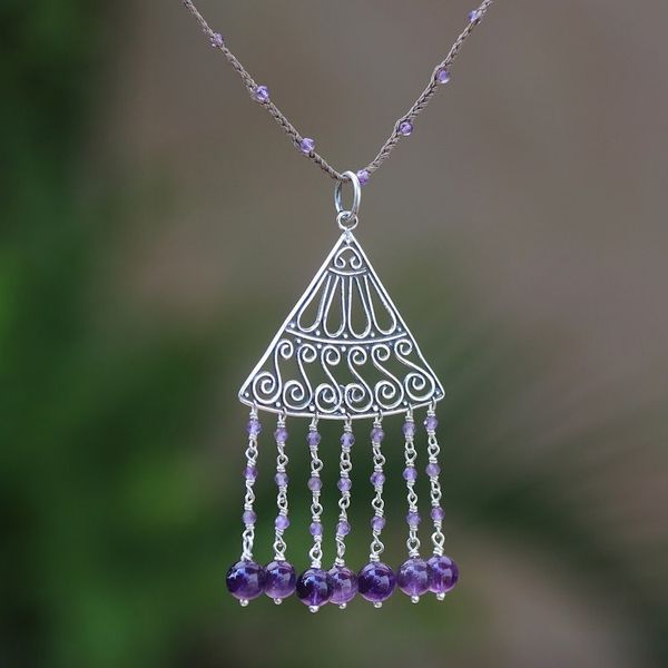 Alternate image for Amethyst and Brown Cord Pendant Necklace Handmade in Bali Rise and Fall in Brown
