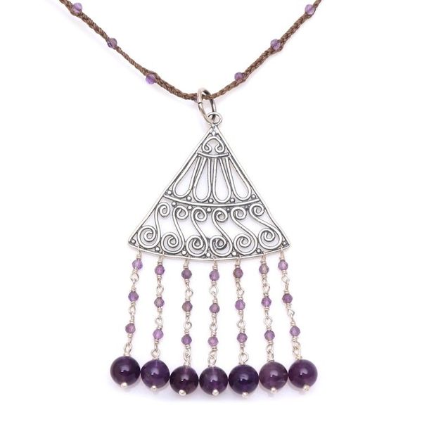 Alternate image for Amethyst and Brown Cord Pendant Necklace Handmade in Bali Rise and Fall in Brown