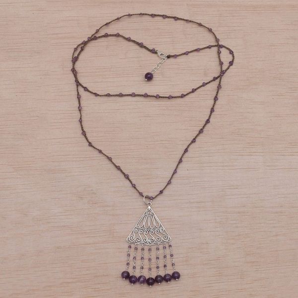 Alternate image for Amethyst and Brown Cord Pendant Necklace Handmade in Bali Rise and Fall in Brown