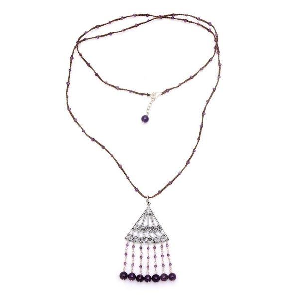 Alternate image for Amethyst and Brown Cord Pendant Necklace Handmade in Bali Rise and Fall in Brown