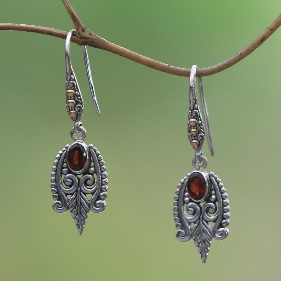 Balinese Sterling Silver and Garnet Gold Accent Earrings 'Dewdrop Caress'