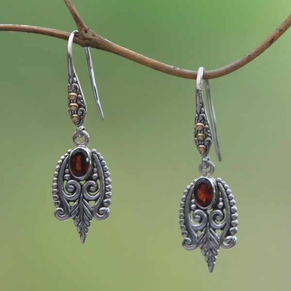 Alternate image for Balinese Sterling Silver and Garnet Gold Accent Earrings Dewdrop Caress
