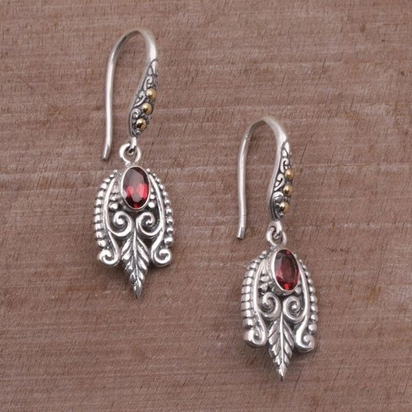 Alternate image for Balinese Sterling Silver and Garnet Gold Accent Earrings Dewdrop Caress