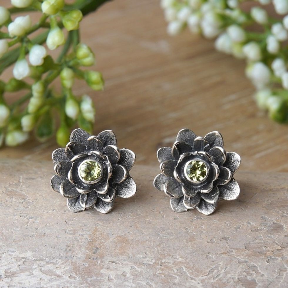 Unique Floral Peridot Sterling Silver Button Earrings 'Green-Eyed Lotus'
