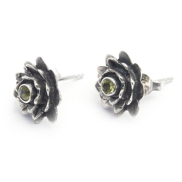 Alternate image for Unique Floral Peridot Sterling Silver Button Earrings Green-Eyed Lotus