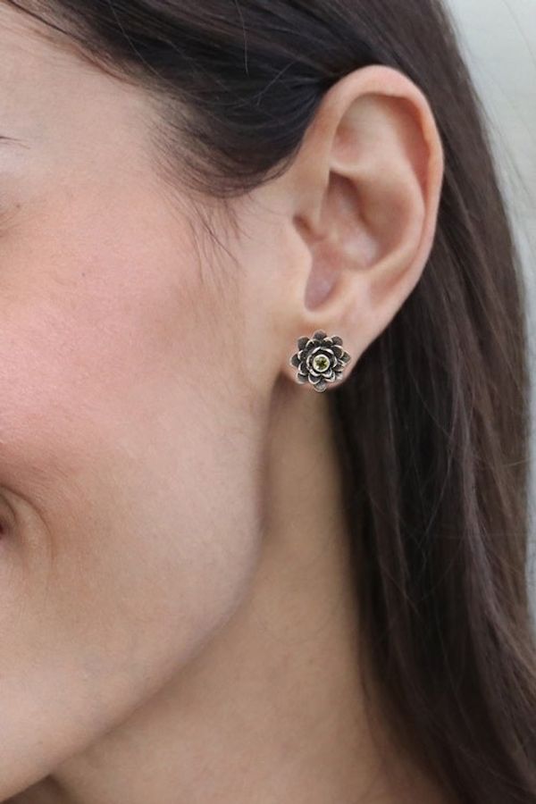 Alternate image for Unique Floral Peridot Sterling Silver Button Earrings Green-Eyed Lotus