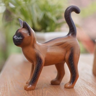 Alternate image for Hand Made Suar Wood Cat Statuette Looking for Friends