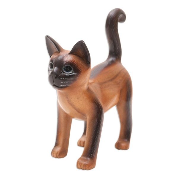 Alternate image for Hand Made Suar Wood Cat Statuette Looking for Friends