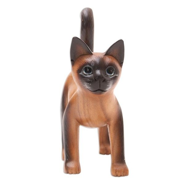 Alternate image for Hand Made Suar Wood Cat Statuette Looking for Friends