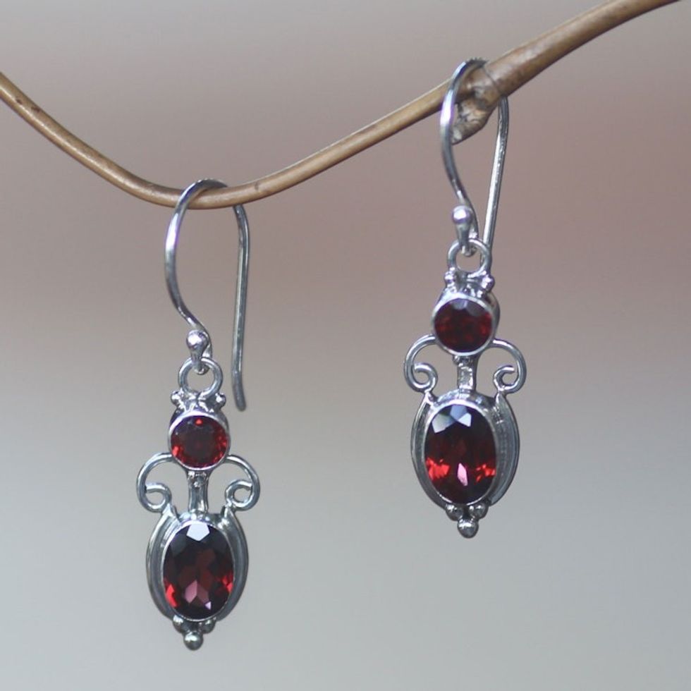 Sterling Silver Garnet Dangle Earrings 'Crown Princess'