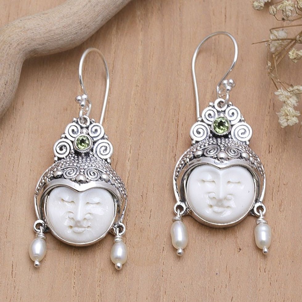 Pearl and Peridot Carved Bone Earrings 'Day Dreamers'