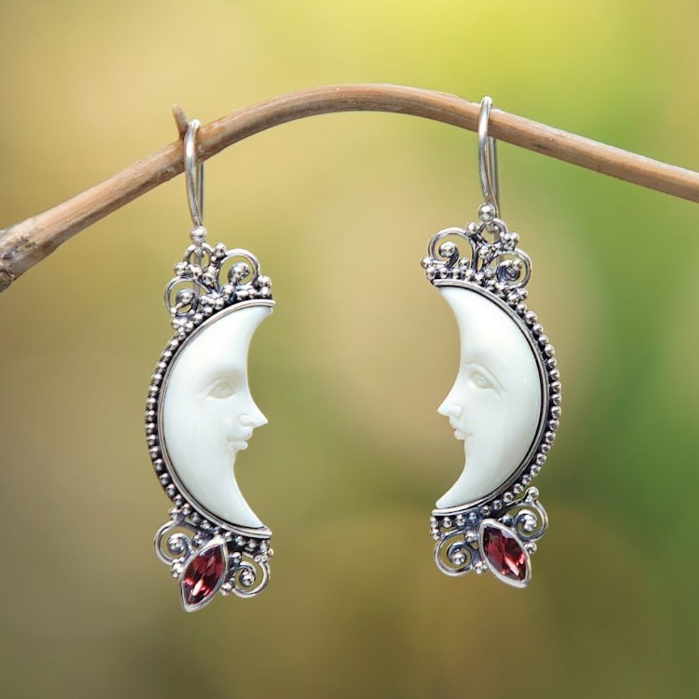 Garnet and Silver Crescent Moon Dangle Earrings from Bali 'Natural Moonlight'