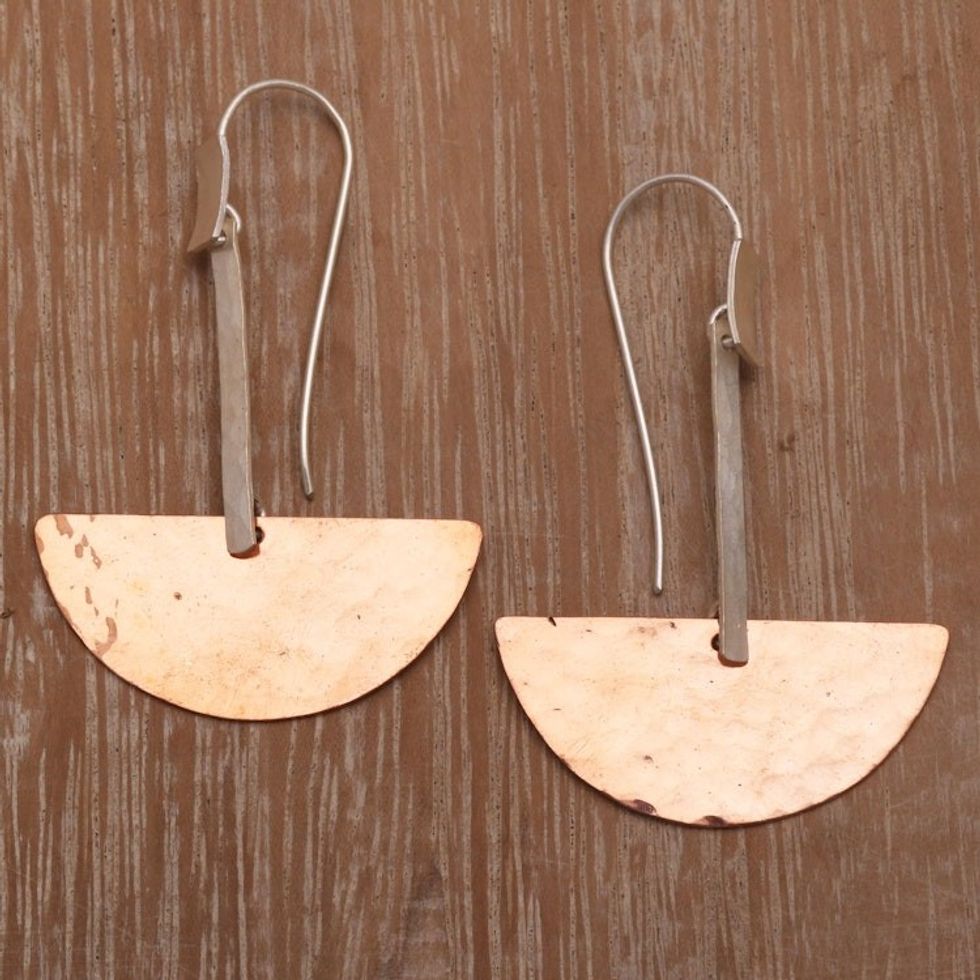 Modern Sterling Silver and Copper Dangle Earrings from Bali 'Half-Circle Modernity'