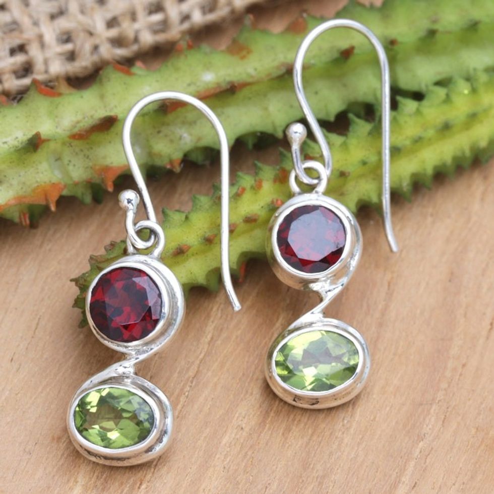 Two-Carat Sterling Silver Dangle Earrings with Faceted Gems 'Crimson Success'