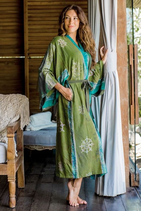 Alternate image for Handmade Batik Womens Robe from Bali in Shades of Green Pancaroba