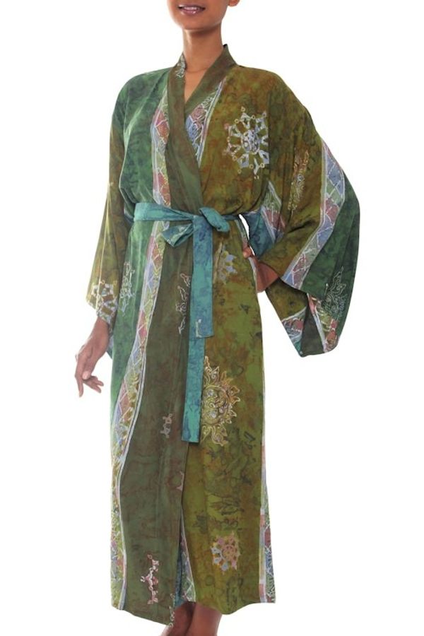 Alternate image for Handmade Batik Womens Robe from Bali in Shades of Green Pancaroba