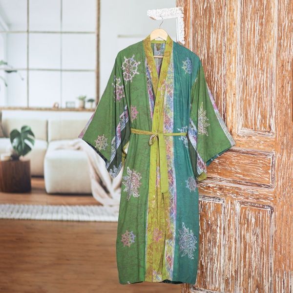 Alternate image for Handmade Batik Womens Robe from Bali in Shades of Green Pancaroba