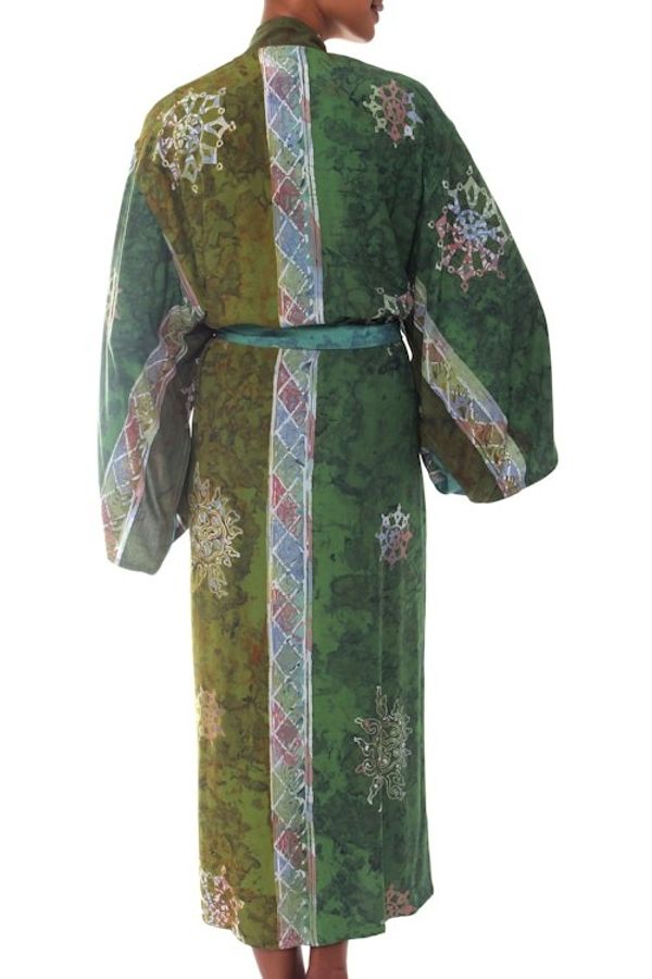 Alternate image for Handmade Batik Womens Robe from Bali in Shades of Green Pancaroba