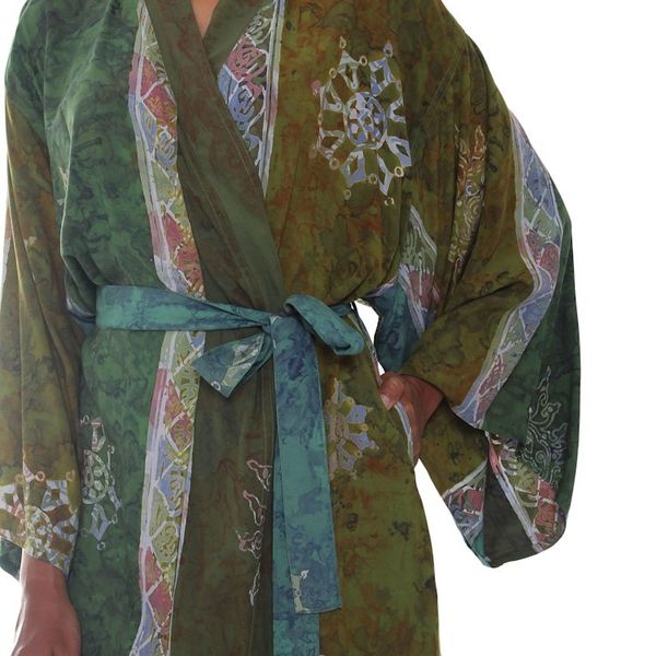 Alternate image for Handmade Batik Womens Robe from Bali in Shades of Green Pancaroba