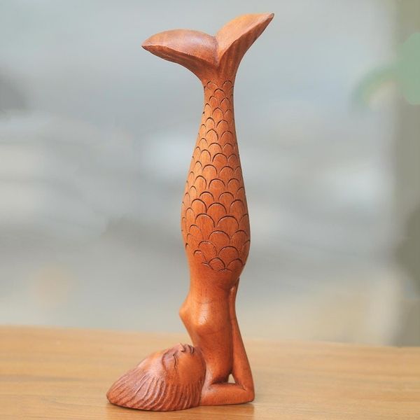 Alternate image for Bali Mermaid and Yoga Theme Artisan Carved Wood Sculpture Sarwangasana Mermaid