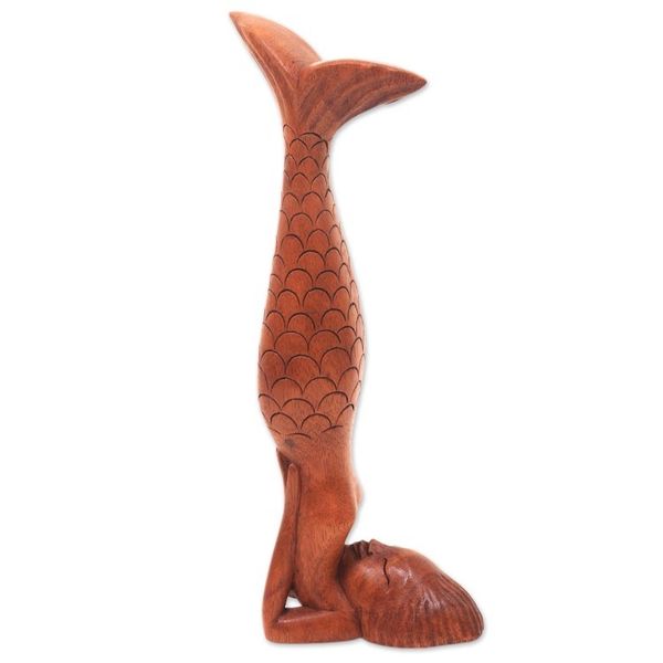 Alternate image for Bali Mermaid and Yoga Theme Artisan Carved Wood Sculpture Sarwangasana Mermaid