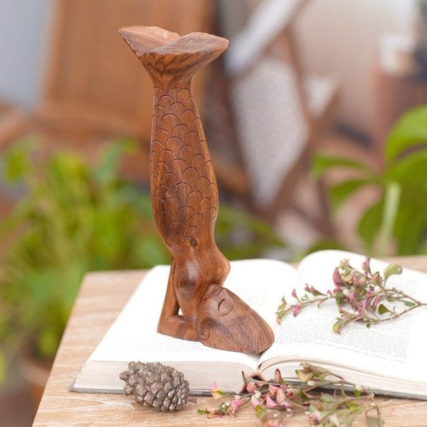Alternate image for Bali Mermaid and Yoga Theme Artisan Carved Wood Sculpture Sarwangasana Mermaid