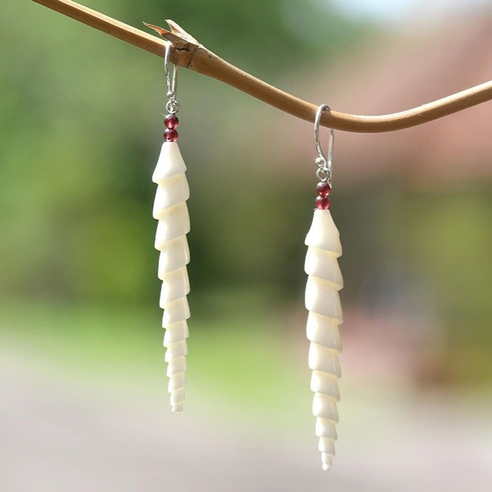 Spiral Bone and Amethyst Dangle Earrings from Bali 'Mystical Spirals'