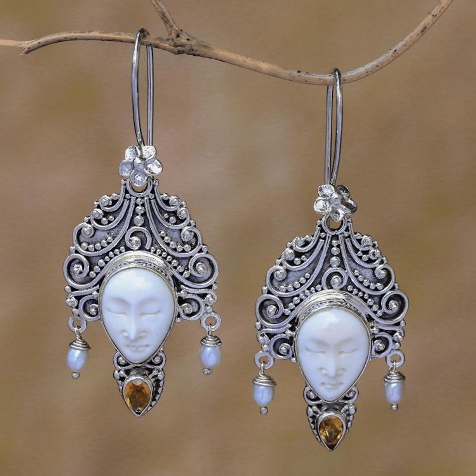 Citrine and Cultured Pearl Dangle Earrings from Bali 'Jepun Janger'