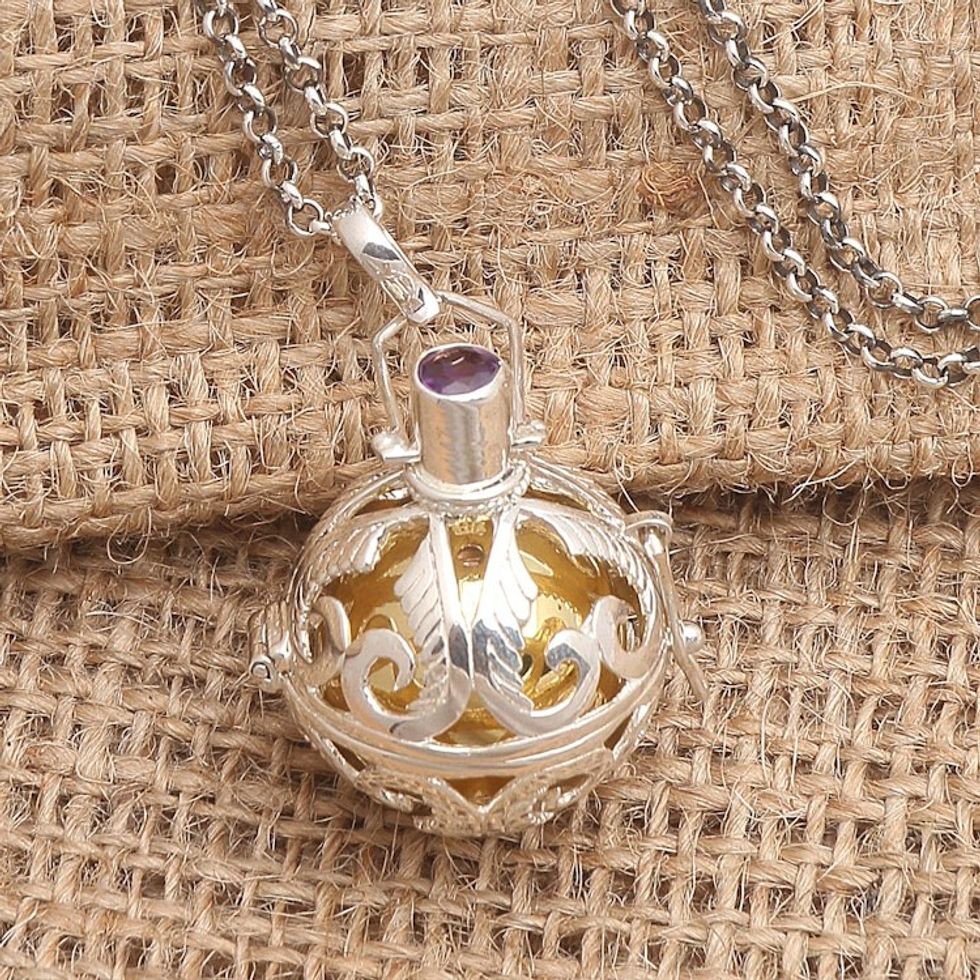 Silver and Amethyst Harmony Ball Necklace with Brass 'Angelic Guardian'