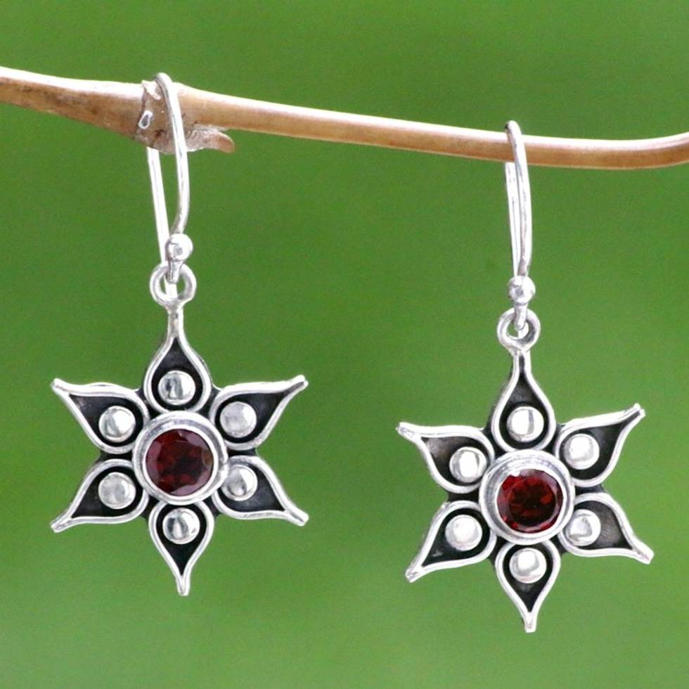Floral Garnet Sterling Silver Dangle Earrings 'Poinsettias'