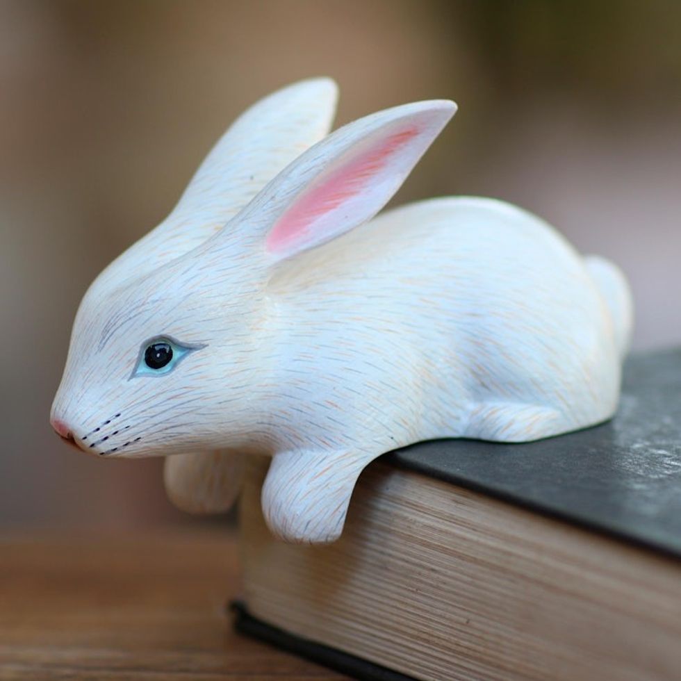 Hand Carved White Bunny Sculpture from Bali 'Curious Rabbit in White'