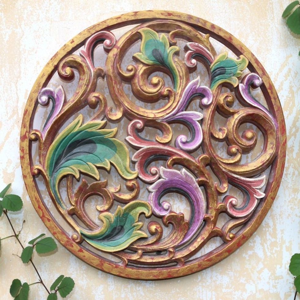 Hand Carved Suar Wood Relief Panel 'Balinese Shimmer'