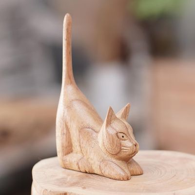 Alternate image for Balinese Hand-Carved Jempinis Wood Sculpture of Brown Cat Stretching Kitten