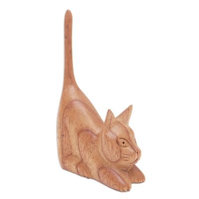 Alternate image for Balinese Hand-Carved Jempinis Wood Sculpture of Brown Cat Stretching Kitten