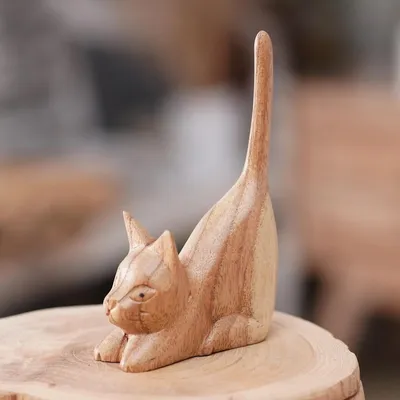 Alternate image for Balinese Hand-Carved Jempinis Wood Sculpture of Brown Cat Stretching Kitten